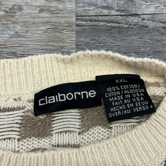 Vintage 90s Claiborne Cream Mens XL Geometric Knit Crewneck Grandpa Sweater USA - Picture 4 of 10